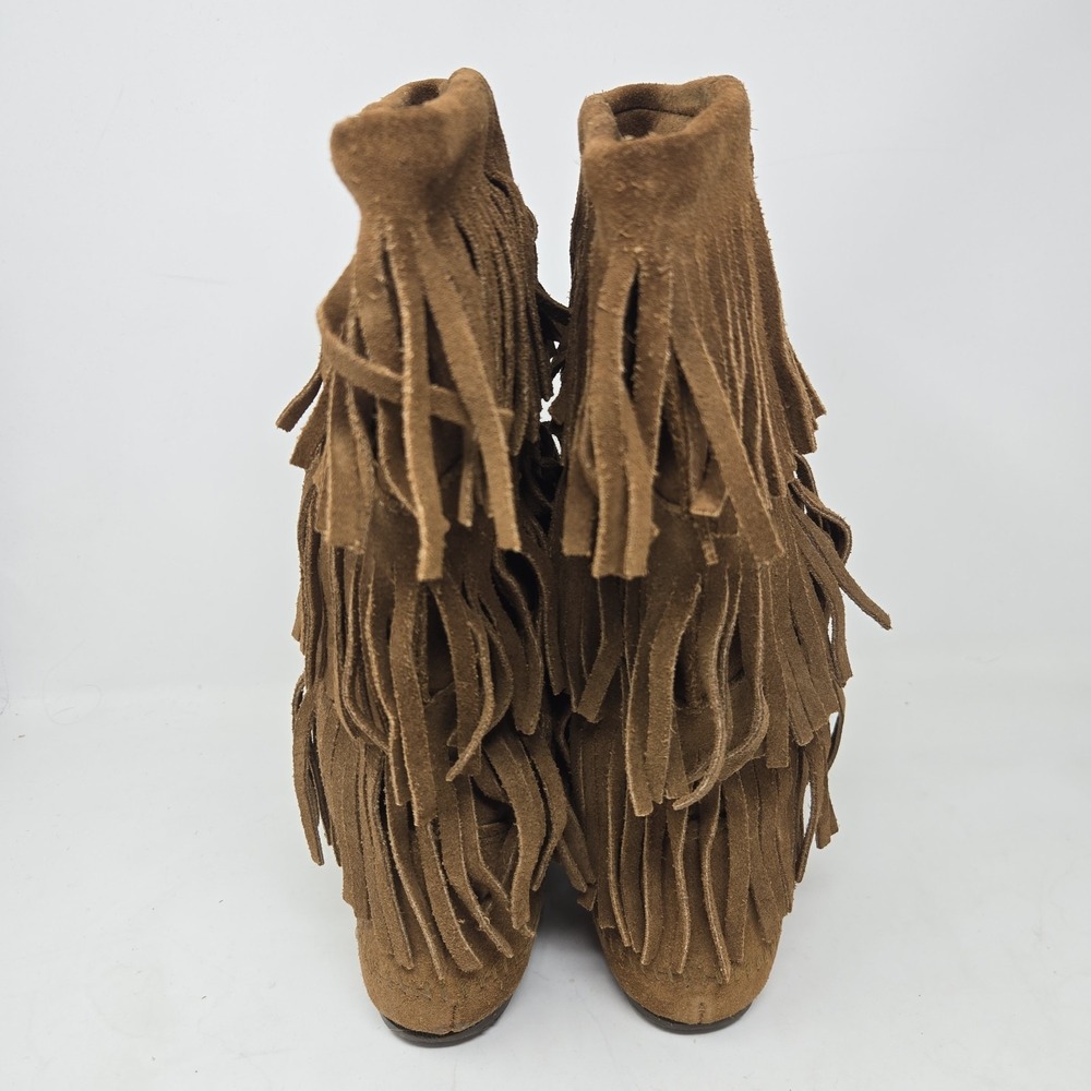 MINNETONKA Women's Size 8M Shoes Brown Suede 3 Layer Fringe Moccasin Boots Boho - Picture 4 of 7